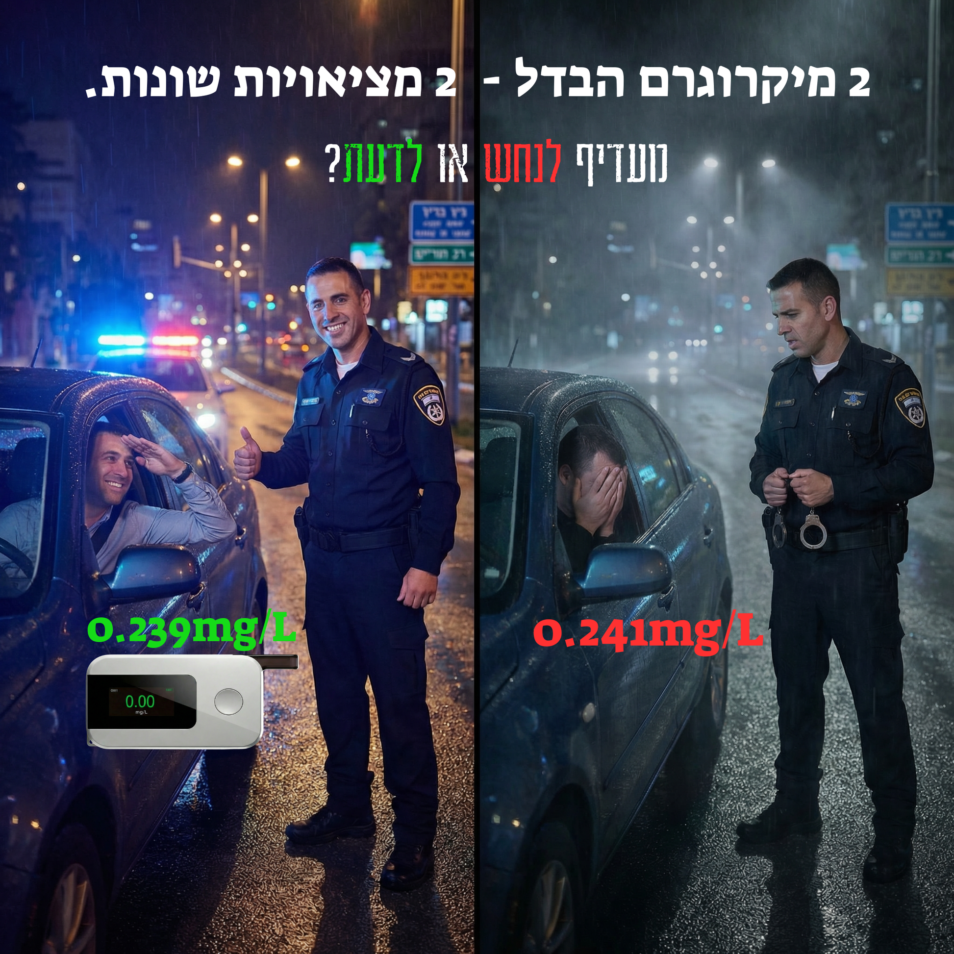 (police checkpoint comparison — 0.259mg vs 0.241mg):                                                                                                                                                  
  השוואת מד אלכוהול אישי מול בדיקת ינשוף — הפרש של 2 מיקרוגרם בלבד 